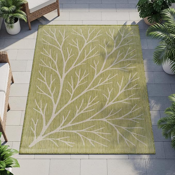 Washable Indoor Outdoor Rug 9x12 Modern Area Rugs Branch Pattern Non Shedding Waterproof Easy Clean Patio Deck Porch Living Room Bedroom Garden RV (9 X 12 Olive)