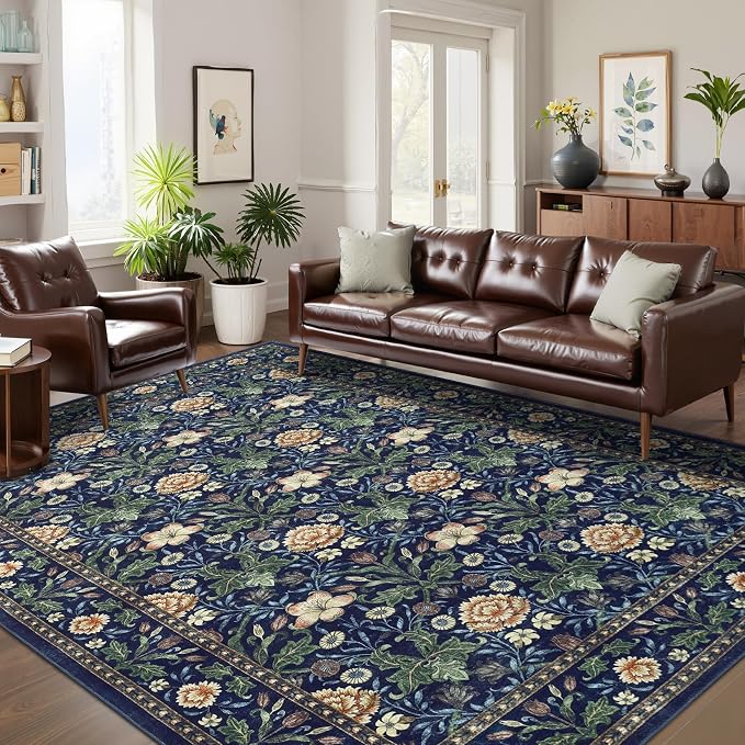 GarveeHome Washable Area Rug 6x9, Soft Vintage Floral Bedroom Rug Non Slip Low Pile Forest Green Carpet Stain Resistant Retro Navy Throw Rug for Bedside Kids Room Office Dining Room