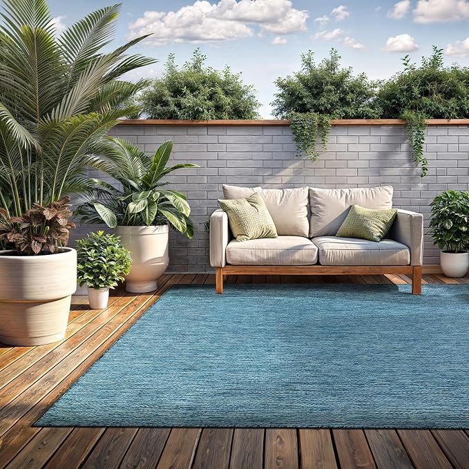 Washable Indoor Outdoor Rug Weather Resistant Carpet Modern Solid for Porch Deck Balcony Backyard Patio Rug 10x14 Aqua Blue