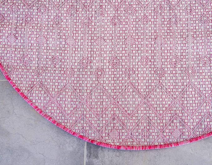 Unique Loom Outdoor Trellis Collection Area Rug - Tribal Trellis (4' 1" Round, Fuschia/ Gray)
