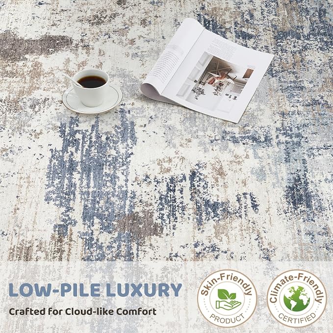 UERMEI 9x12 Area Rug Living Room Rugs - Washable Neutral Modern Abstract Soft Thin Large Rug Indoor Floor No Slip Rug Carpet for Bedroom Under Dining Table Home Office Decor- Denim Blue