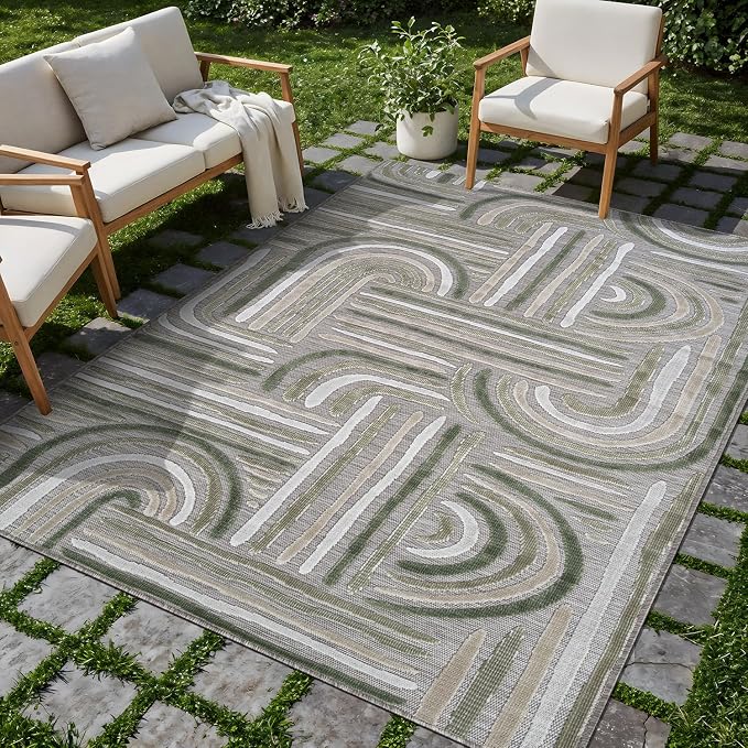 CAMILSON Indoor Outdoor Rug, Beige 9x12 Geometric Arch Striped Large Area Rugs for Patio and Home Areas, Easy-Cleaning Non-Shedding Living Room, Garden and Deck Washable Outside Carpet (9 x 12)
