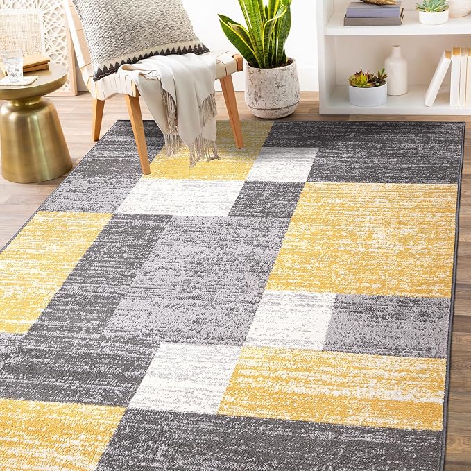 Rugshop Geometric Boxes Oslo Modern Living Room Area Rug Yellow 7'10" x 10' | Rectangular, Jute Backing, Size 7'10" x 10', Bedroom, Dining Room, Home Office, Kitchen, Entryway, Hallway, Nursery, Bedside