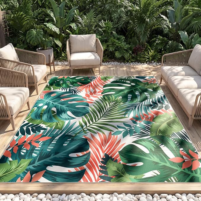 Arenarug 6x9 Monstera Tropical Outdoor Rug – Waterproof Non-Slip Machine Washable Patio Rug, UV & Stain Resistant Outdoor Carpet for Patio Deck Balcony Backyard, Teal