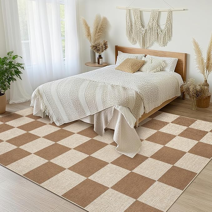 GarveeHome Checkered Easy Jute 5x7 Area Rugs for Living Room Machine Washable Non-Slip Backing Stain Resistant Modern Indoor Outdoor Rugs for Farmhouse Dining Room Patio Brown