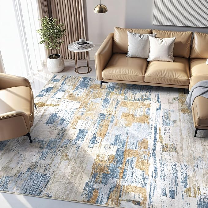 kakania Abstract 10x14 Area Rugs for Living Room: Washable Rugs Blue | Soft, Non-Slip, Low-Pile, Pet & Kid Friendly - Large Modern Home Decor Carpet for Bedroom/Dining Room/Office/Nursery