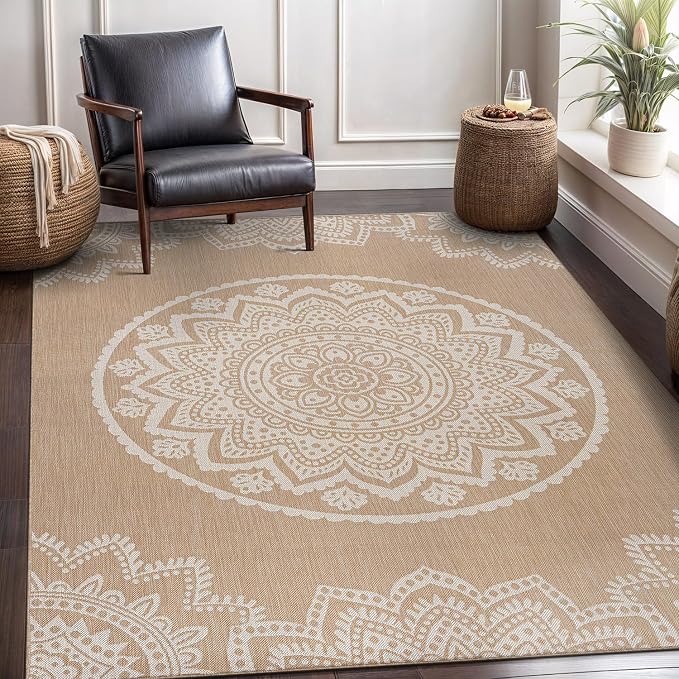 CAMILSON Outdoor Rug 5x7 Modern Area Rugs for Indoor and Outdoor Patios and Porches - Waterproof, Washable, Non-Shedding, Easy-to-Clean Outside Carpet (5 x 7, Medallion - Beige/White)