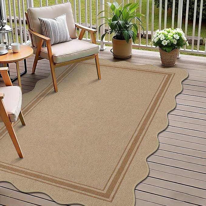 Easy Jute 3x5 Outdoor Rug Washable Non Slip Rug for Entryway Indoor Outdoor Farmhouse Neutral Scalloped Carpet for Backyard Patio Proch Living Room