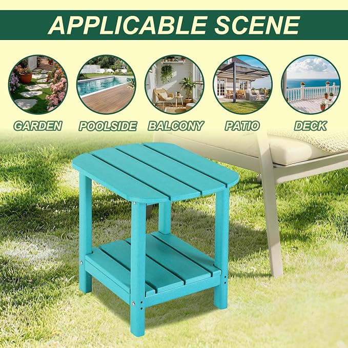 LZRS 2-Tier Patio Side Table, Heavy Duty HDPE Outdoor End Table with Wood Texture, Weatherproof Composite Table for Adirondack Chairs, Deck, Pool, Indoor/Outdoor, No Peeling Cracking(Turquoise)