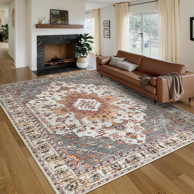 Tangsoo 5x7 Washable Area Rugs for Living Room, Vintage Indoor Non Slip Rug | Oriental Large Print Distressed Carpet, Farmhouse Soft Low Pile Foldable Floor Rugs for Bedroom Dining Room Office Turmeric