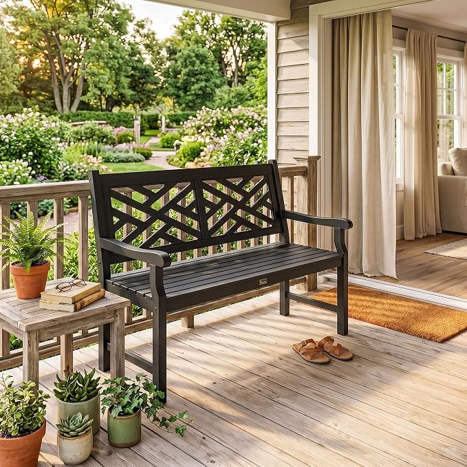 Outsunny Outdoor Garden Bench, Wooden Frame Patio Bench with Geometric Pattern, 43.25 Inch Weatherproof 2-Person Love Seat for Garden, Lawn, Porch, Yard, Work Entryway, Black