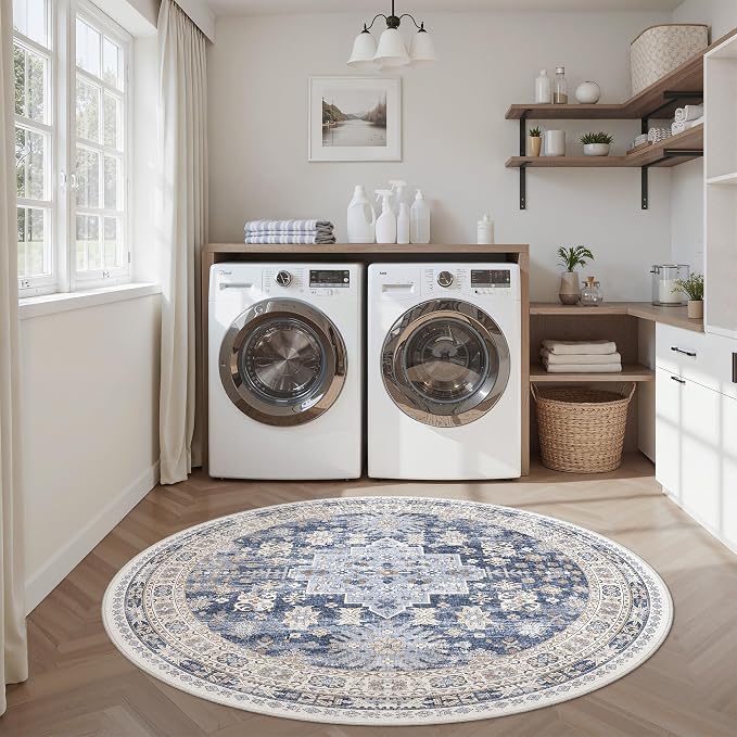 Round Rug 5ft,Circle Rug for Dining Room Table,Blue | Washable Rugs for Kitchen,Entryway,Bedroom,Dining Room,Nursery Room,Thin,Soft Runner Rug,Stain Resistant Indoor Carpet