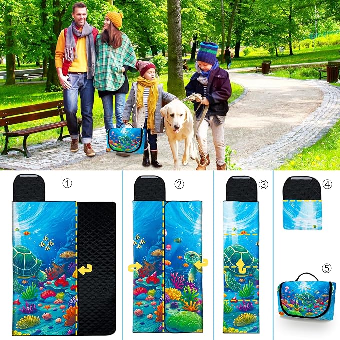 Poedist Extra Large Picnic Blanket Waterproof,80"x 80"Foldable Machine Washable Beach Blanket,Outdoor Blanket for 6-8 Adults, for Indoor Crawling,Park Beach,Camping,Hiking,Family Travel(Sea Turtle)