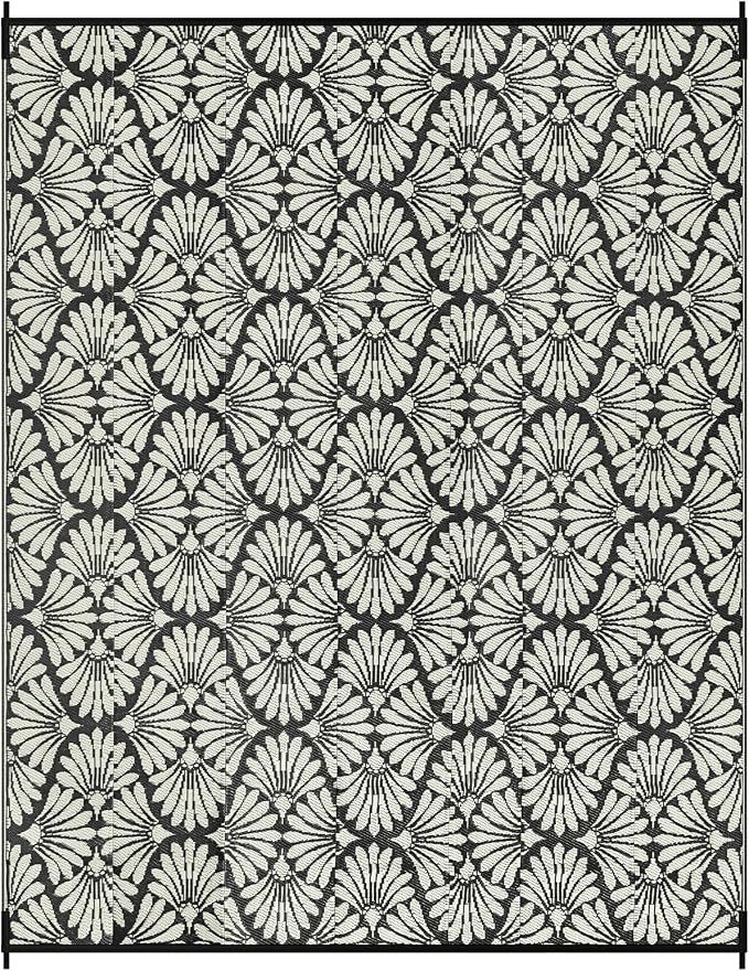 Lahome Outdoor Patio Rugs 8x10 Waterproof, Boho Outdoor Plastic Straw Rug for Porch, Stain Resistant Mats for Backyard Garden Deck Camping Outside, Black White,8'x10'