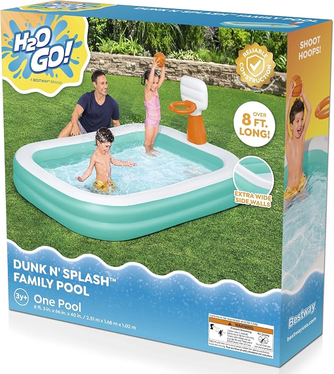 H2OGO! Inflatable Family Kiddie Pool, Dunk'n Splash 8'3" x 66" x 40" Outdoor Inflatable Swimming Pool with Basketball Hoop for Kids
