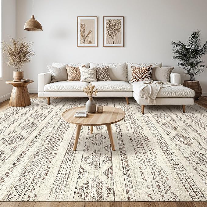 Tortania Area Rug Living Room Rugs - 10x14 Washable Large Soft Neutral Boho Moroccan Bohemian Farmhouse Rug Indoor Floor Carpet for Bedroom Under Dining Table Home Office Decor - Brown