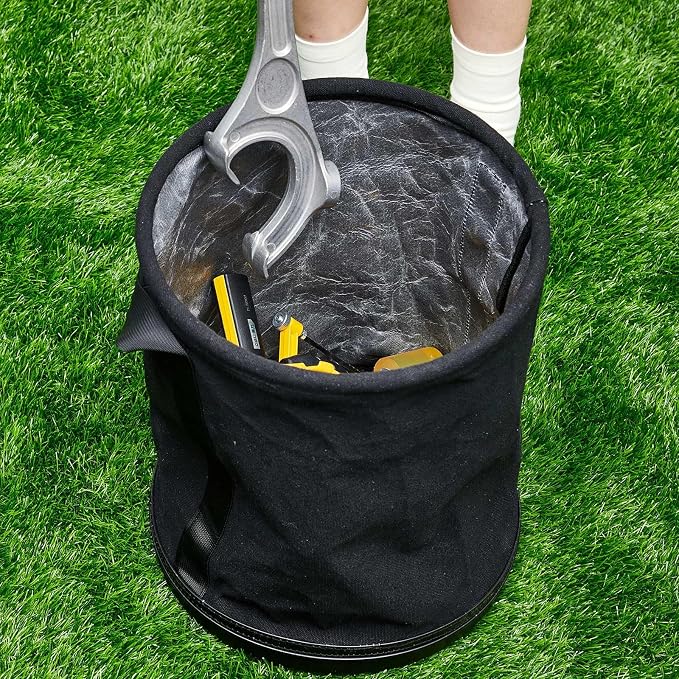 2 Pack Canvas Bucket 15" x 12" Heavy Duty Lineman Tool Bag with Plastic Bottom & Metal Hook Electrician Tool Organizer for Jobsite Use, Load Rated up to 150 Pounds (Black)