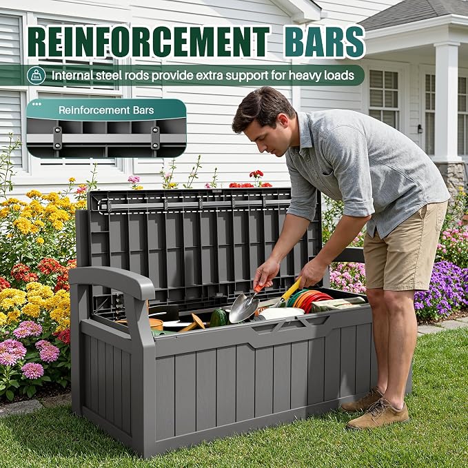 Devoko 80 Gallon Storage Bench with Cushion, Lockable Deck Box for Patio Furniture, Garden Decor and Outdoor Seating for Cushions, Garden Tools and Pool Supplies (Grey, 80 Gallon with Cushion)