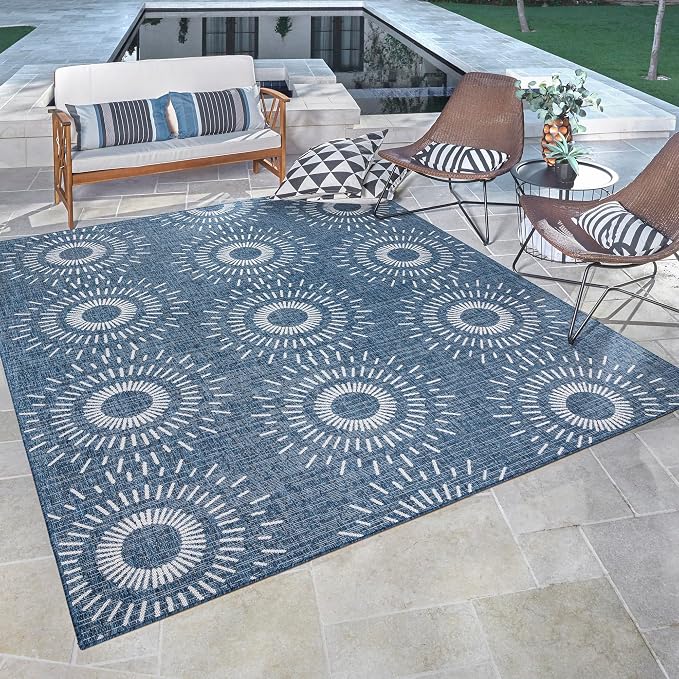 Gertmenian Indoor/Outdoor Flatweave Area Rug - 6x9 Medium, Stain & UV Resistant, Ideal for High Traffic Areas in Deck, Patio, Mudroom - Geometric, Navy, 32456