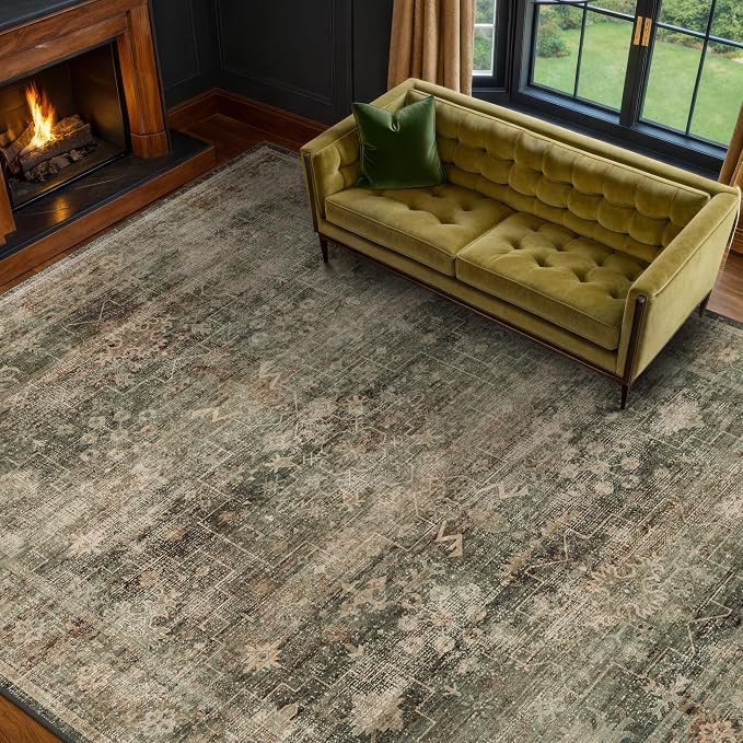 Boho 8x10 Moss Green Area Rugs for Living Room, Bedroom, Cottagecore Vintage Abstract Distressed Washable Rug for Dining Room, Stain Resistant Low Pile Non-Slip Ultra Soft, Moody Décor