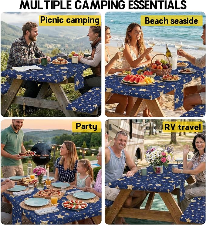 Picnic Table Cover with Bench Covers Waterproof Campsite Tablecloth Patio Camp Backyard Camping Kitchen Essentials Accessories Supplies Rv Cabin Gear Acampar Must Haves Table Cloth Camper Women Gifts