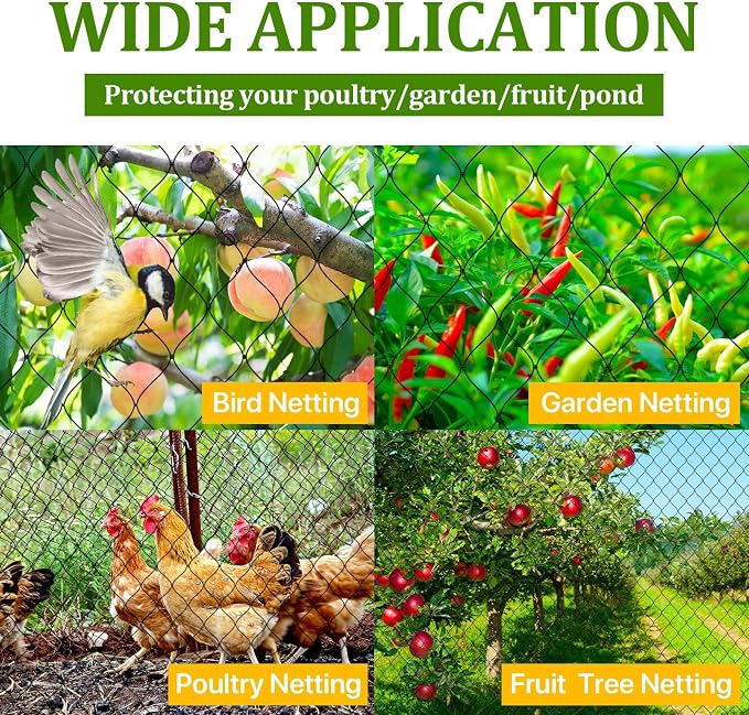50x100 Bird Netting for Garden Protection - 1" Mesh Netting to Cover Chicken Coops and Garden Hoops, Large Bird Net to Protect Chickens, Blueberry Bush, Fruit Trees, Plants from Hawks, Deer