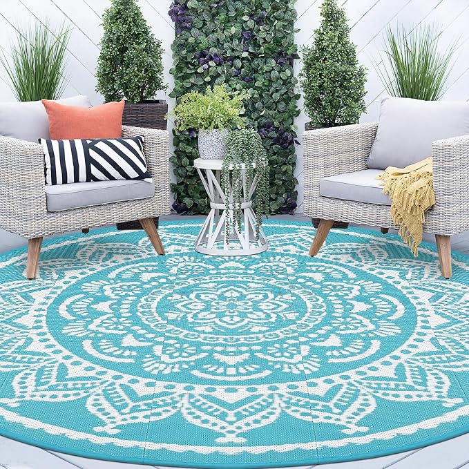 Bsmathom Waterproof Outdoor Rug 6ft Round Reversible Boho Plastic Straw Patio Deck Camping Rugs, Indoor Outdoor Portable RV Mat Carpet for Outside, Porch, Balcony, Backyard, Beach, Pool,Flower Teal