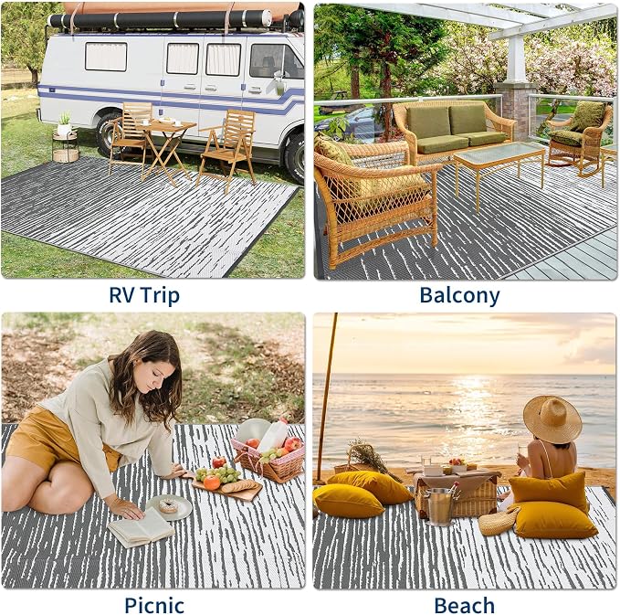 Garvee 5x8 Outdoor Rug Waterproof, Modern Striped Plastic Straw Rugs, Foldable Abstract Camping Rugs for Outside Your RV, Reversible UV Resistant Carpet for Backyard, Deck, Picnic, Beach, Porch, Grey
