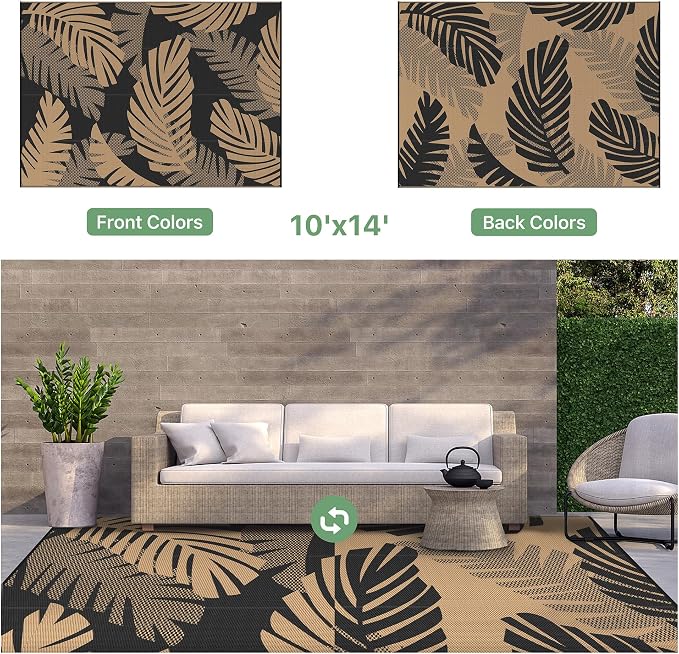 GENIMO Waterproof Outdoor Rug 10' x 14' for Patio Decor, Reversible Plastic Straw Area Rugs for Camping Clearance, RV Mat, Large Outside Carpet for Porch, Deck, Picni, Balcony, Garden, Black & Brown
