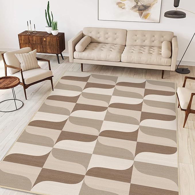 Modern Geometric Rug 3x5 Neutral Beige Brown Abstract Mid Century Modern Area Rug for Entryway Living Room Contemporary Machine Washable Non-Slip Printed Low-Pile Floor Carpet for Kitchen Bedroom