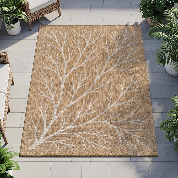 Washable Indoor Outdoor Rug 9x12 Modern Area Rugs Branch Pattern Non Shedding Waterproof Easy Clean Patio Deck Porch Living Room Bedroom Garden RV (9 X 12 Natural)