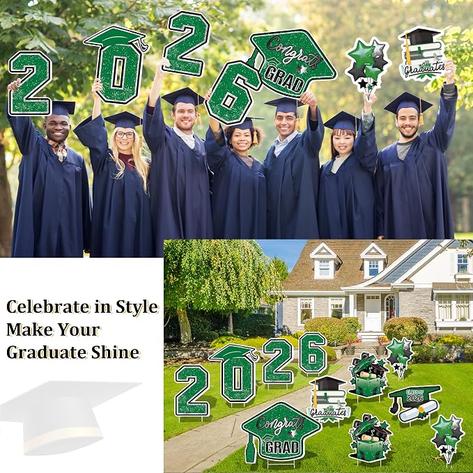 Large 11 PCS Graduation Yard Signs, Class of 2026 Congrats Grad Outdoor Lawn Yard Sign with Stakes, Graduate Yard Decorations for College High School Party, Black and Green