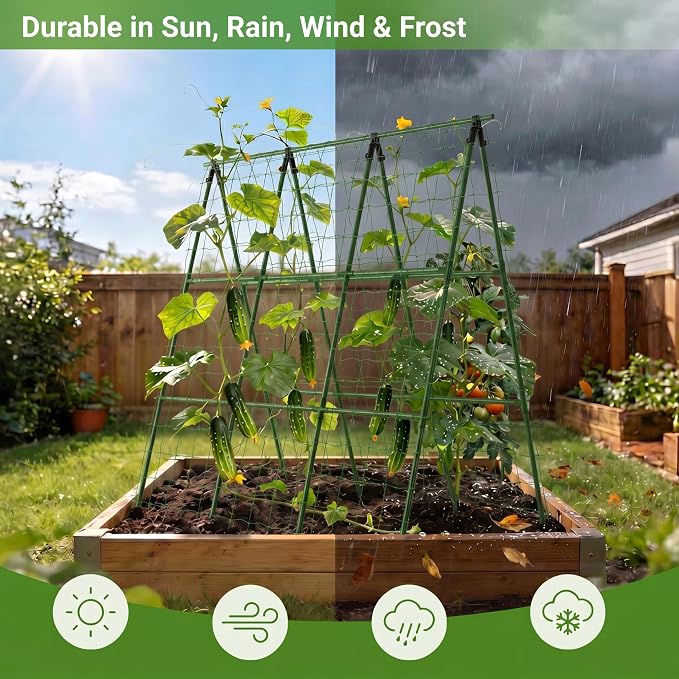 Cucumber Trellis for Raised Bed, A-Shape Arch Metal Garden Trellis for Climbing Plants, Heavy Duty Plant Trellis Outdoor, Easy Assembly Rustproof Trellis for Vines