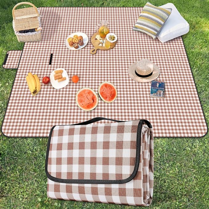 Large Picnic Blanket,78” x 118” Large Camping Blanket,with Handle,Waterproof and sandproof Bottom,Machine Washable,Outdoor Foldable Hiking Blanket,Portable and Easy to Clean (Coffee Grid)