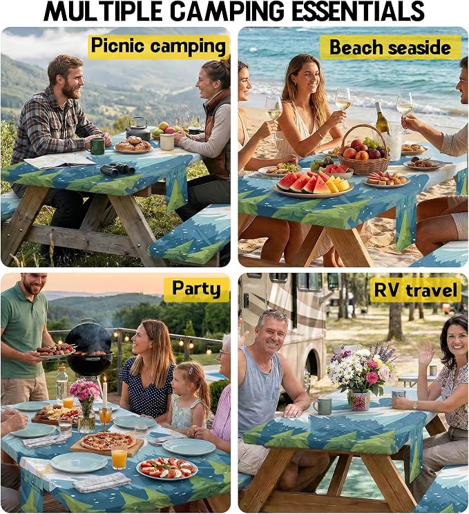 Picnic Table Cover with Bench Covers Waterproof Vinyl Elastic Rectangle Fitted Table Cloth Camping Lovers Essentials Rv Car Travel Overlanding Outdoor Roadtrip Road Trip Men Women Camper Gifts 8 Foot