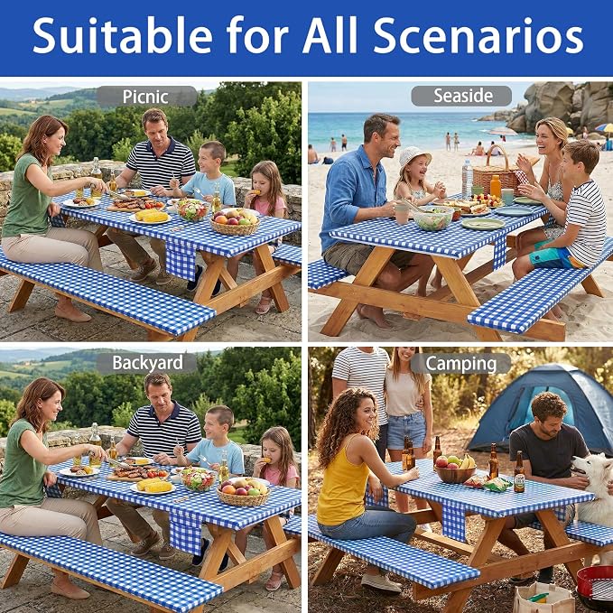 Jobunai Fitted Picnic Table Cover with Bench Covers Elastic Waterproof Outdoor Camping Tablecloth for 6 Ft Rectangle Tables Camper Summer Accessories Rv Car Essentials Vacation Gifts for Men Women
