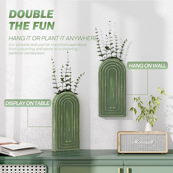 EOSAHR Pine Wood Wall Vases Set of 2 – Decorative Hanging Vases for Indoor Plants, Eucalyptus & Artificial Flowers – Best Boho Chic Decor Wall Art for Bathroom, Bedroom & Living Room (Green)