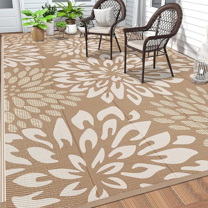 HEBE Waterproof Outdoor Rug 6x9 for Patios, Floral Reversible Plastic Straw Rug Patio Mat, Indoor Outdoor Carpet RV Mat Camping Rug for Deck, Camper, Porch, Balcony, Backyard, Picnic