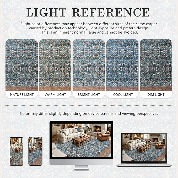 8x10 Area Rugs for Living Room - Washable Vintage Retro Large Rug, Soft Ultra Thin Non Slip Low Pile Traditional Distressed Boho Carpet for Bedroom Dining Room Home Office, Navy Rust