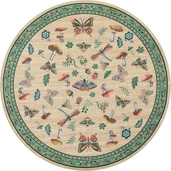 Mushroom Insect 4ft Round Rug Washable Non-Slip Soft Ultra-Thin Small Boho Circle Carpet for Entryway Kitchen Bedroom Nursery Dining Room Khaki Green