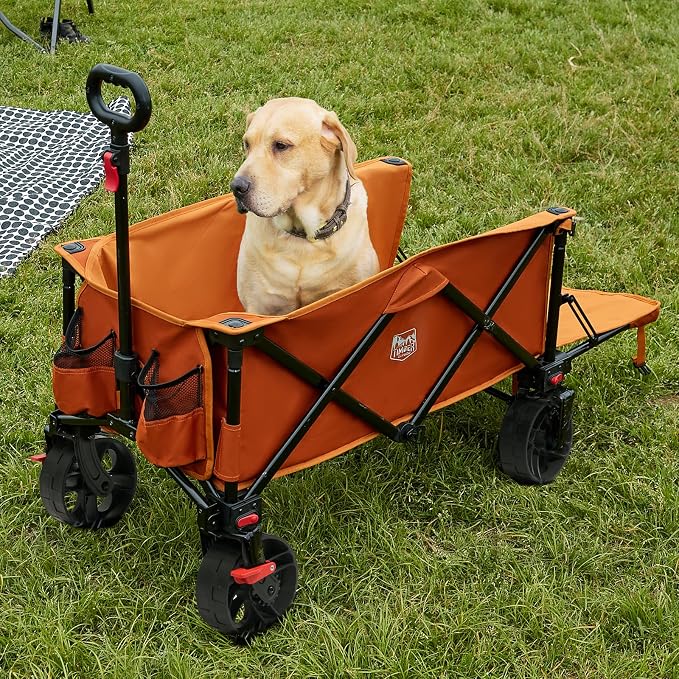 Timber Ridge 47" L Collapsible Wagon with Tailgate & Brake, 300 lbs Heavy Duty Beach Wagon with All-Terrain Big Wheels, 250L Foldable Utility Cart for Sand Camping Sports Shopping, Orange