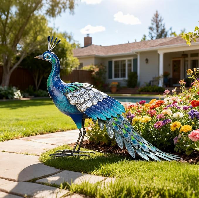 Metal Peacock Statue Garden Decor Yard Art Sculpture Outdoor Decoration | for Lawn,Patio,Backyard