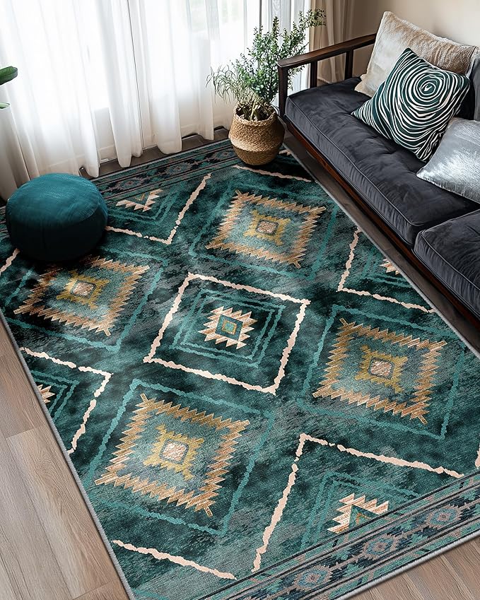 3'x5' Washable Area Rug for Living Room Bedroom Teal/Green | Soft Western No Slip Low Pile Print Foldable Indoor for Kitchen Dining Room