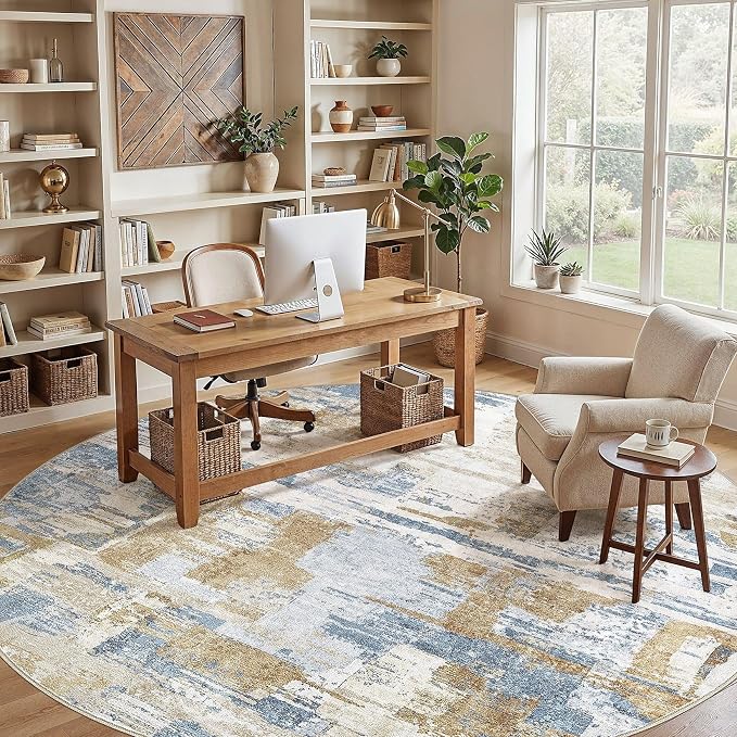 kakania Abstract 12x12 Round Rugs for Living Room: Circle Rugs 12FT Blue | Washable, Soft, Non-Slip, Low-Pile, Pet & Kid Friendly - Large Modern Home Decor Carpet for Bedroom/Dining Room/Nursery