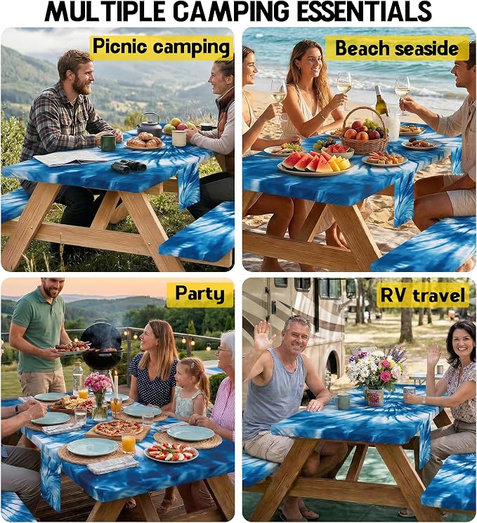 Wrakus Picnic Table Cover with Bench Covers Camping Essentials Windproof Waterproof Patio Outdoor Tablecloth with Storage Bag, Fitted Rectangle Tables and Seats Tablecover for Rv Owner Camper 96in