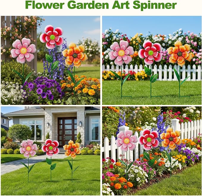 3pcs Flowers Yard Wind Spinners Outdoor Decoration Stakes Lawn Ornaments | WEIBEFEE; Lawn Decorations Garden Stakes, Metal Outside Decorations for Metal Yard Art Flower Garden Decor, Spring Mom Gifts