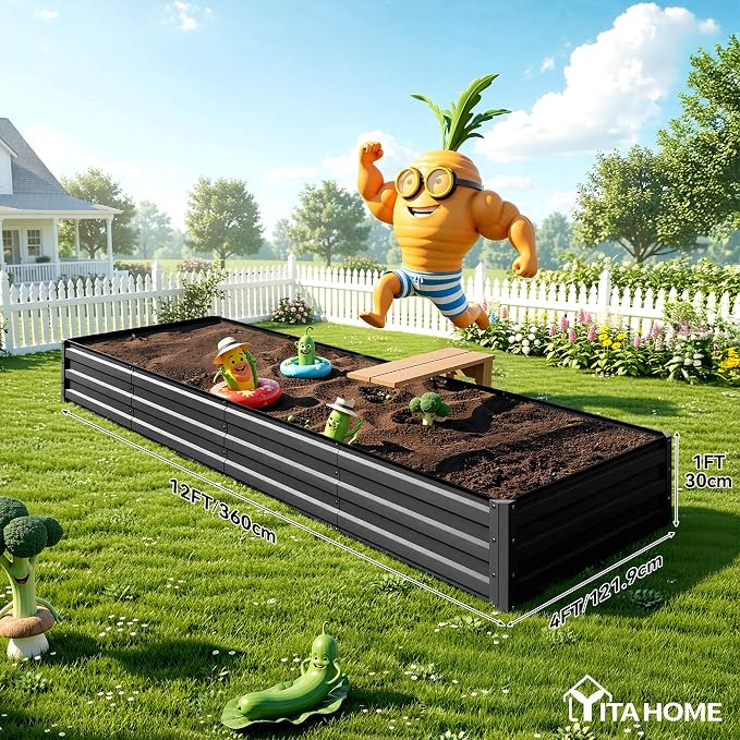 YITAHOME 12x4x1ft Galvanized Raised Garden Bed, Metal Planter Box with Safety Rubber, Gloves, Outdoor Flower Bed for Planting Plants Vegetables, Black