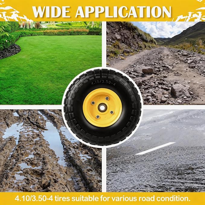 4.10/3.50-4 Tire and Wheel Flat Free, 10" Solid Tire 220LB Capacity Each, with 5/8" Bearings and 2.1" Offset Hub, for G orilla Cart, Garden Cart, Trailer, Dolly, Hand Truck, Wagon, 4 Pack, Yellow