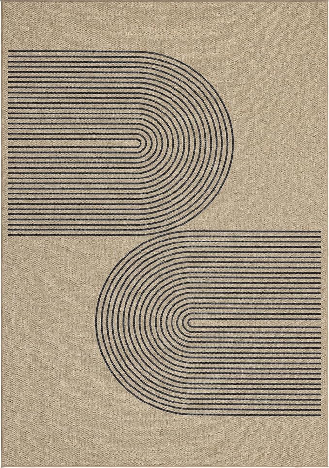 Easy Jute Rug 4x6 Outdoor: Natural Modern Area Rugs for Patio Porch Deck Linen-Look Fabric Durable - Neutral Washable Carpet for Entryway Living Room Bedroom Indoor Non Slip - Black Stripes
