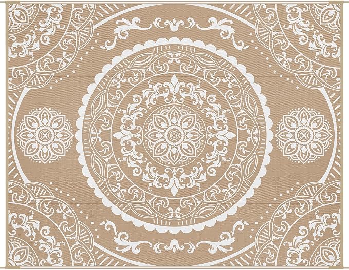 Pauwer Waterproof Outdoor Rug 8x10, Reversible Plastic Straw Patio Camping Rug, Indoor Outdoor RV Mat Carpet for Deck, Camper, Porch, Balcony, Backyard, Picnic, Paisley Brown